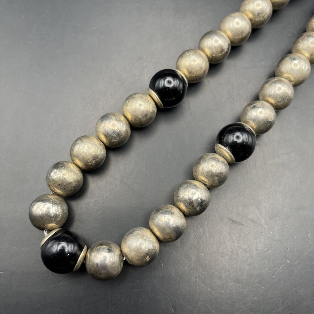 Vintage Chunky Metal Bead Necklace Silver Tone Black 23 Inch Bold Boho Statement